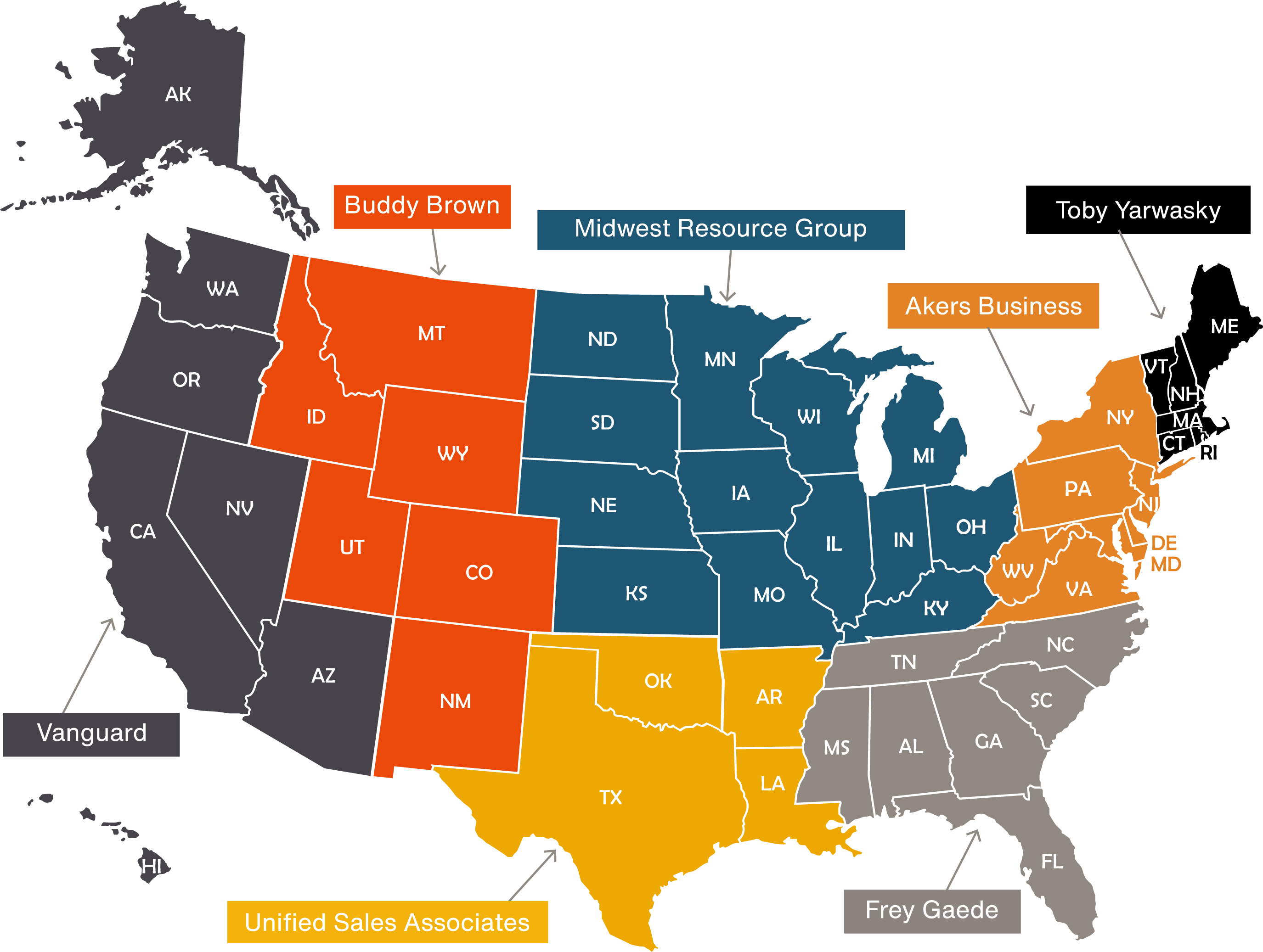 An map of the United States, color coded based on the rep group that covers the area.