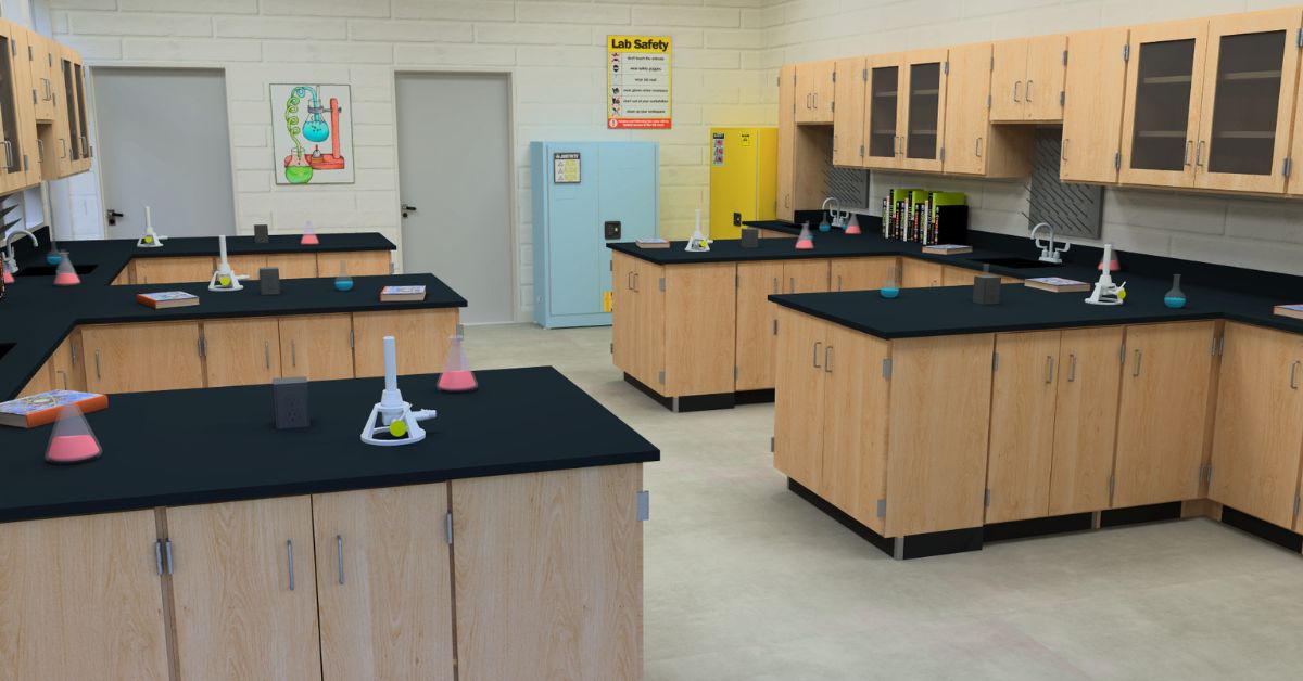 room rendering of a chemistry lab showing epoxy resin lab surfaces